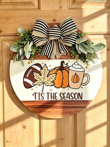 3D Rustic Wooden Autumn Football Season & Halloween Door Hanging Round Wreath Sign, Autumn Decor, Perfect For Porch Decoration, Home Indoor Seasonal Decor, Holiday Decor Wreath, Perfect Autumn Home Decor - Multicolor - View 2