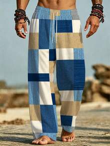 Celana Panjang Pria Model Lurus Longgar Motif Kotak-kotak Patchwork Denim Vintage, Celana Nyaman untuk Liburan Musim Panas, Cocok untuk di Rumah, Dilengkapi Saku - MultiWarna - View 2