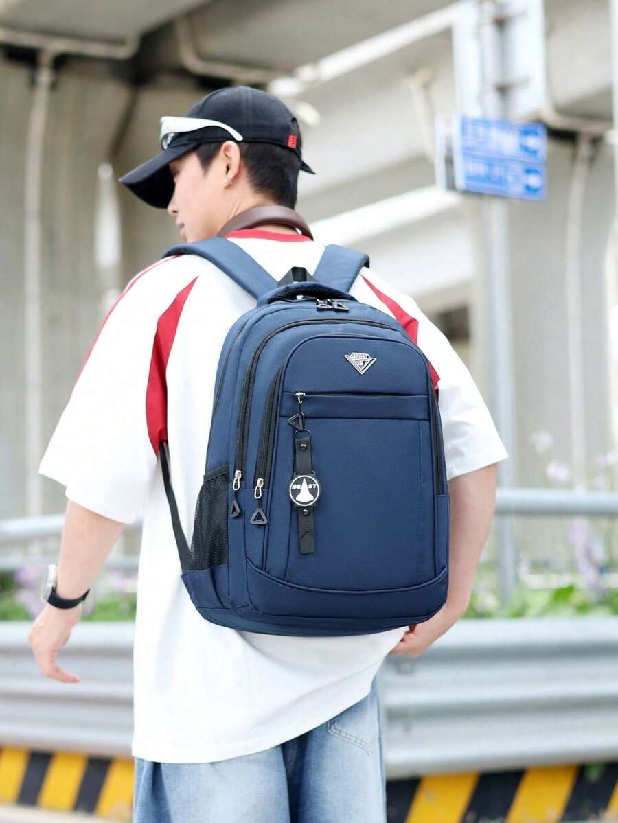中性背包，黑灰對比運動星標日用包，多個前拉鍊收納層，適用於學校、健身、日常通勤 - 彩色 - 查看 1