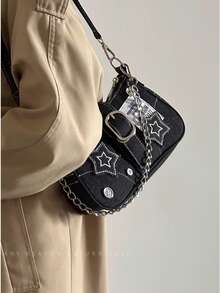 Black Star Pattern Denim Shoulder Bag, Unique Buckle Chain Baguette Bag, Vintage Niche Shoulder/Crossbody Bag - Multicolor - View 6
