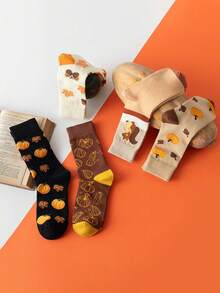 5 Pairs Autumn Pumpkin Maple Leaf Squirrel Print Mid-Calf Cotton Socks, Vintage Caramel Color Palette, Halloween Vibe Slouch Socks, Versatile Women's Socks - Multicolor - View 2