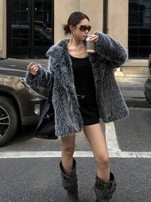 New Popular Autumn/Winter Women's Luxury Oversized Super Loose Faux Fur Coat With Lapel, Extra Long Sleeves Warm Winter Jacket, Essential Glamorous Winter Piece - White-tipped - View 8