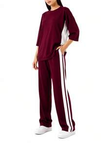 Set di top e pantaloni con patchwork a contrasto di colore - Bordò - Visualizzare 1
