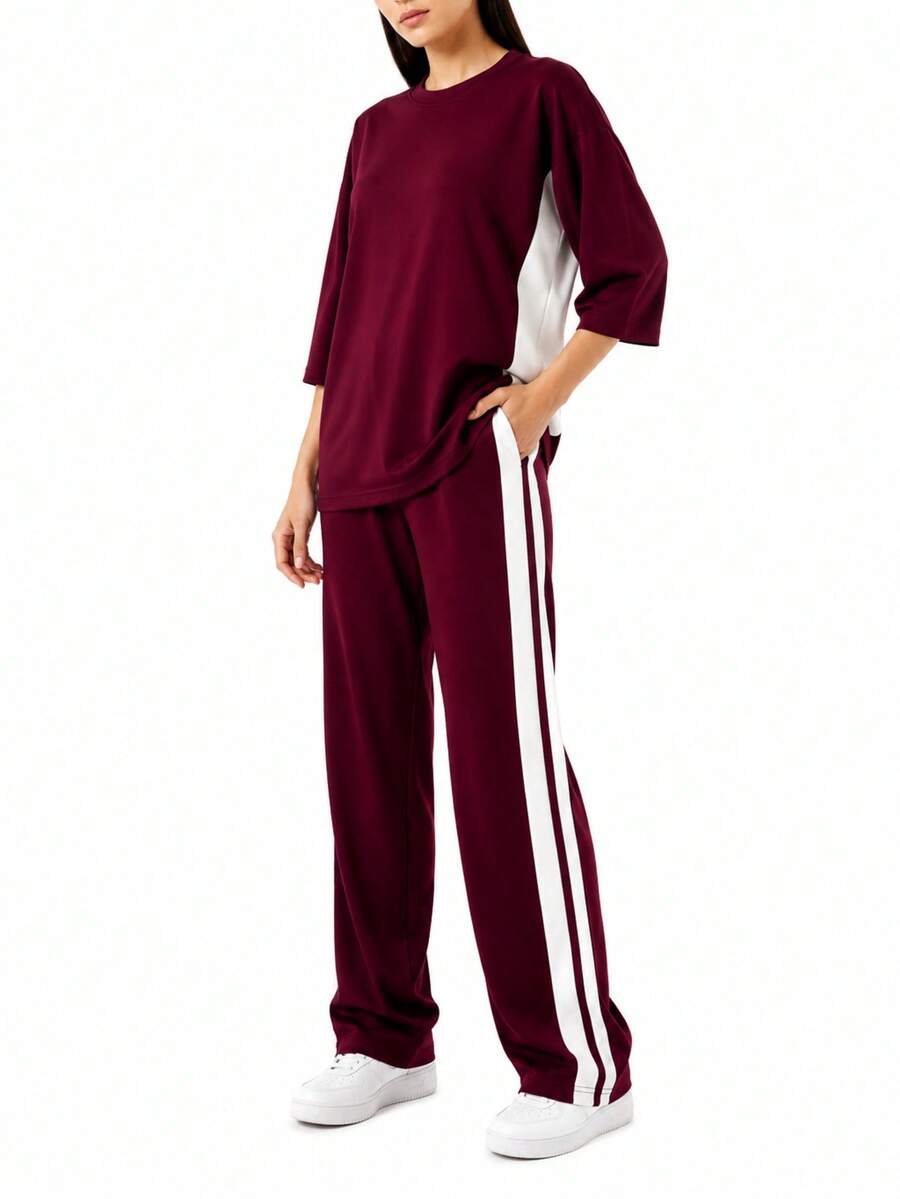 Set di top e pantaloni con patchwork a contrasto di colore - Bordò - Visualizzare 1