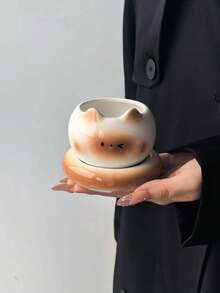 1 Set Siamese Cat Hand-Held Coffee Cup & Saucer, Niche Design Cute Cat Coffee Cup & Matching Small Round Saucer, Capacity Perfect For Arabic Coffee, Afternoon Tea, Gift - Multicolor - View 4