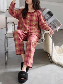 2pcs/Set Women's Pajamas Loungewear, Asymmetrical Print Long Sleeve Pants, Easy Care Fabric - Red - View 4