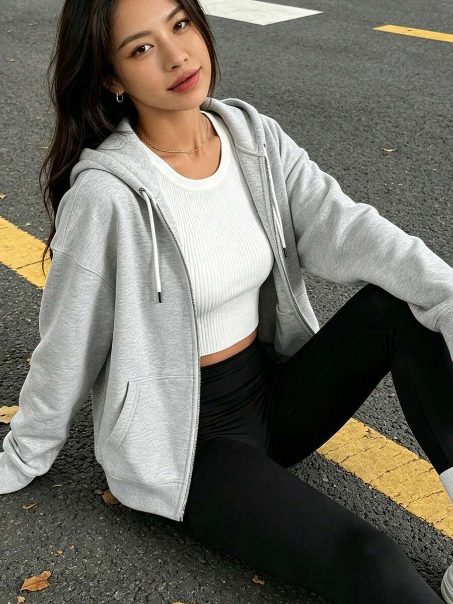 1 件女式连帽拉链开衫,简约纯色短款,休闲日常穿着,适合春秋季 - 灰色 - 查看 1