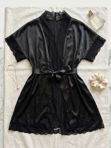 French Vintage Sexy Lace Patchwork Short Sleeve Robe For Women With Waist Tie, Silky Skin-Friendly Tie-Front Morning Robe Loungewear - Black - View 5