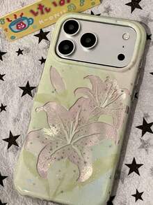Summer INS Green Gradient Gold Lily Flower Phone Case Compatible With IPhone 17 Pro Max, 16 Pro, 16, 17 Pro, 15 Pro Max, Girly Artistic Soft Anti-Drop Protective Cover - Green - View 4