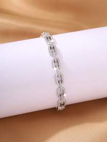 1pc Silver Double Heart Open Cuff Bracelet, Densely Inlaid Rhinestone Design, Women's Daily Date Party Accessory Gift - White - View 4