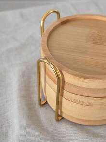 Bamboo Coaster Set With Holder - Natural Wood Coasters Waterproof Heat-Resistant For Home/Bar/Kitchen Decor - Wood Color - View 2