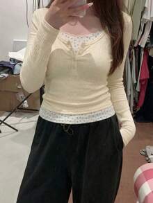 二合一碎花T恤 女式夏季休闲针织T恤上衣 春季 - 杏色 - 查看 3