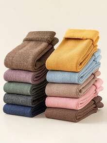 3/6/10 Pairs Random Style Women's Morandi Multicolor Solid Color Folded Cuff Terry Ribbed Socks, Thickened Warm Mid-Calf Socks, Japanese Minimalist Academy Style - Multicolor - View 1
