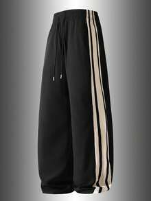 1pc Women's Spring/Summer Soft Comfortable Breathable Striped Running Fitness Casual Sweatpants - Black - View 4