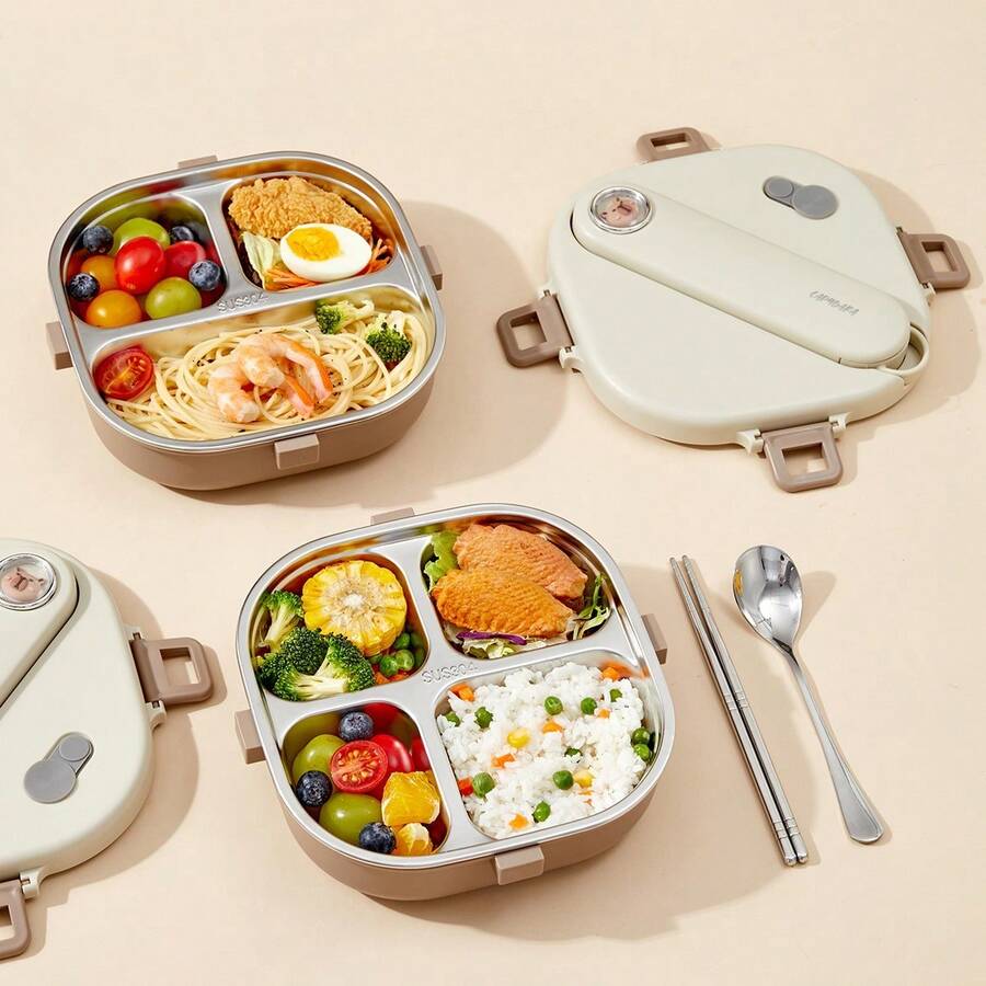 Stainless Steel Bento Box Adult, Microwavable Lunch Containers With Lids, Leak-Proof Bento Snack Box With Soup Container And Utensils, Metal Lunch Box Set With Lunch Bag For School Office, Travel Food Containers