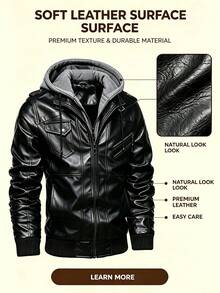 Chaqueta con capucha con cremallera y manga larga de cuero sintético para hombre, para otoño e invierno - Negro - Ver 5