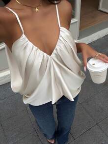 DEEKA Summer New Women's Fashion Sexy Satin Pleated Camisole Top White - White - View 4