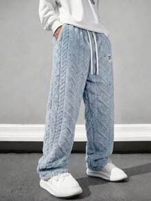 Men's Casual Sports Fleece Lounge Pants, Straight Leg, Drawstring Waist, Polyester Material, Casual Long Pants, Available In Multiple Colors, Unisex - Baby Blue - View 7