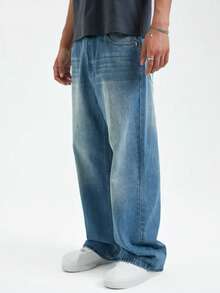 Men's Casual Straight Leg Loose Fit Comfortable Denim Jeans Washed Denim Long Pants All Season - Medium Wash - View 5
