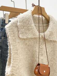 Women's Collared Front Button Sleeveless Knit Sweater Vest, Textured Fuzzy Knit, Casual Autumn/Winter Layering Vest - Beige - View 2