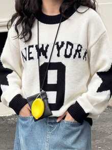 Sweater Leher Bulat Motif Bintang Digital Blok Warna untuk Remaja Perempuan, Pullover Rajut Longgar Kasual - Putih - View 3