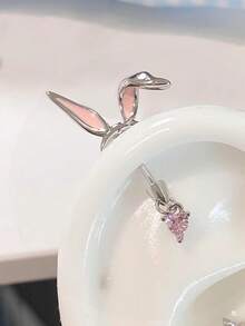 1pc Cute Sweet Pink Rabbit Ear Stud Earring, Versatile Cartilage Earring For Women (Single) - Silver - View 1