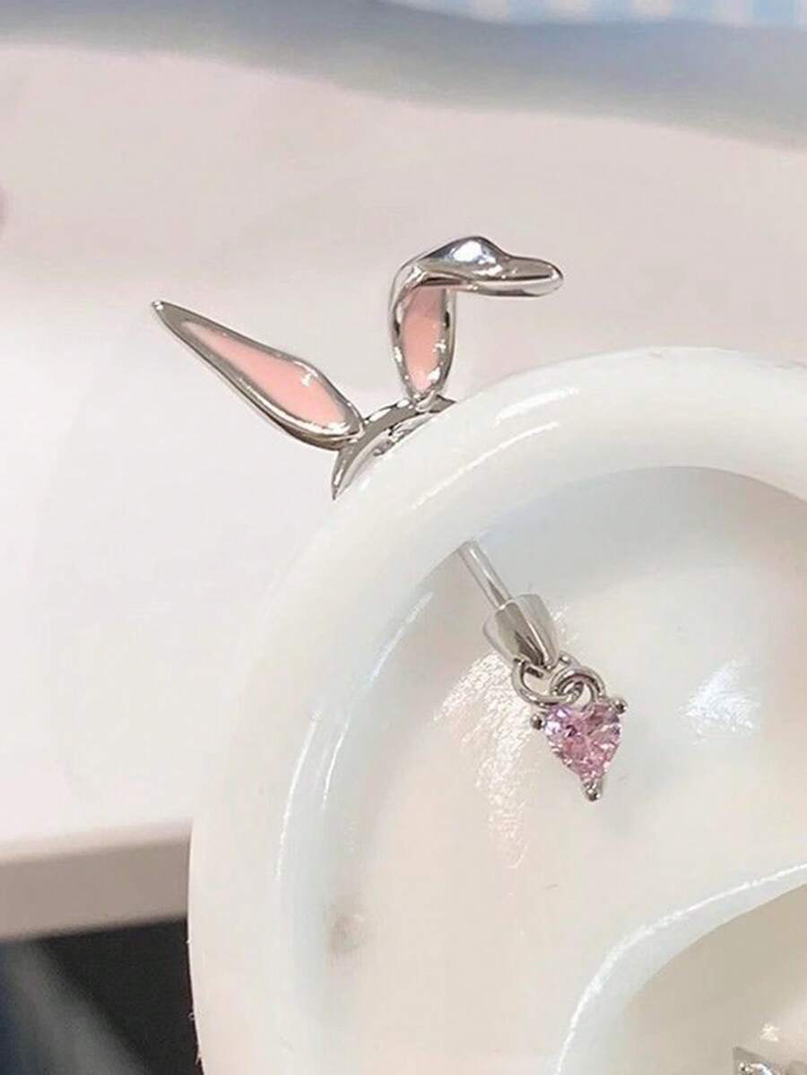 1pc Cute Sweet Pink Rabbit Ear Stud Earring, Versatile Cartilage Earring For Women (Single) - Silver - View 1