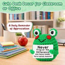 1pc Handmade Crochet Blush Frog Figurine, Knitted Green Toad Ornament With Rectangular Quote Card, Woven Amphibian Desktop Decor, Mini Craft Accessory For Home Office Shelf, Daily Gift For Friends Colleagues Family - Multicolor - View 7