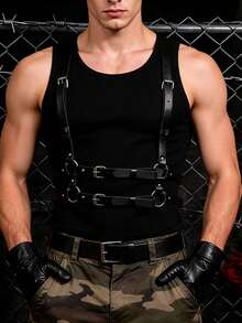 1pc Punk Gothic Geometric Pattern PU Leather Men's Suspenders Holiday Costume Gift - Black - View 1