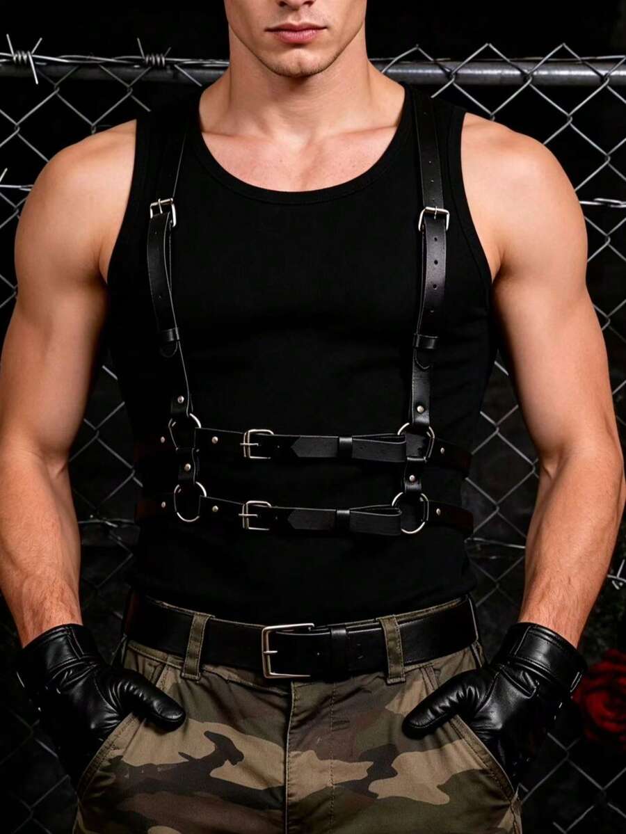 1pc Punk Gothic Geometric Pattern PU Leather Men's Suspenders Holiday Costume Gift - Black - View 1
