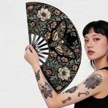 Vintage Floral Skull Moth Large Folding Clapper Fan, Gothic Tattoo Style, Bar Party Photo Prop Decorative Folding Fan - Multicolor - View 2