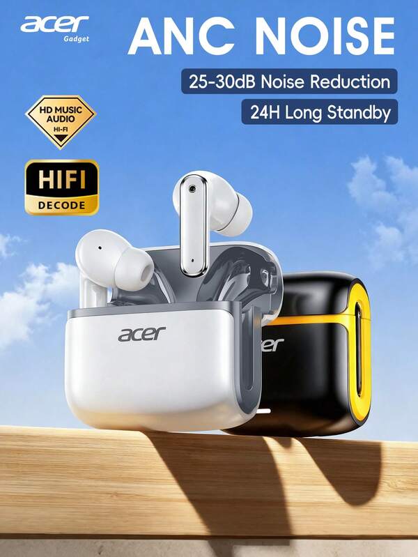 Auriculares Bluetooth TWS In-Ear Acer OHR637 Originales y Auténticos, Cancelación Activa de Ruido ANC, Sonido Hi-Fi, Bluetooth 5.4, Baja Latencia, Control Táctil, 24H de Reproducción, Carga Rápida Tipo-C, Diseño Elegante y Estilizado