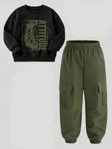 Tween Boy Letter Lion Graphic Crew Neck Sweatshirt And Sweatpants Set - Army Green - View 2