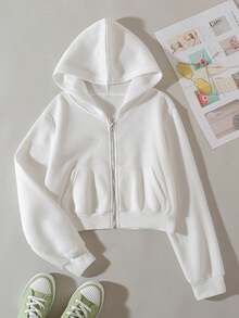 Sudadera corta con cremallera, forro térmico y hombros caídos, manga larga, ideal para graduación, maestros y vuelta al cole en otoño - Albaricoque - Ver 1