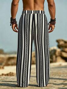 Vintage Colorblock Vertical Stripe Men's Loose Drawstring Waist Breathable Wide Leg Long Pants For Surfing And Vacation - Multicolor - View 4