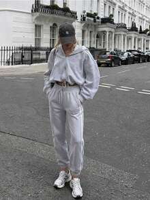 Women's Long Jogger Sweatpants With Drawstring And Side Pockets Colorblock Fabric - Grey - View 2
