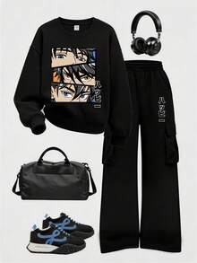 Setelan 2 Potong Sweatshirt Leher Bulat Motif Anime untuk Remaja Laki-Laki + Celana Kargo, Pakaian Musim Gugur/Musim Dingin, Gaya Kampus, Tampilan Acara Pulang Kampung - Hitam - View 1