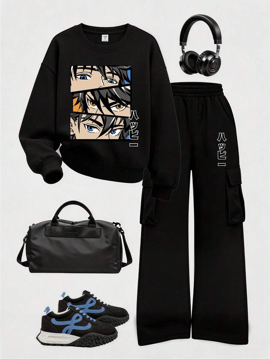 Setelan 2 Potong Sweatshirt Leher Bulat Motif Anime untuk Remaja Laki-Laki + Celana Kargo, Pakaian Musim Gugur/Musim Dingin, Gaya Kampus, Tampilan Acara Pulang Kampung - Hitam - View 1