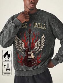 Simple-Men's Vintage Washed Crew Neck Sweatshirt, Rock N Roll Guitar Wings Flame Graphic Print, Heavy Metal Streetwear Oversized Pullover Top - Black - View 1