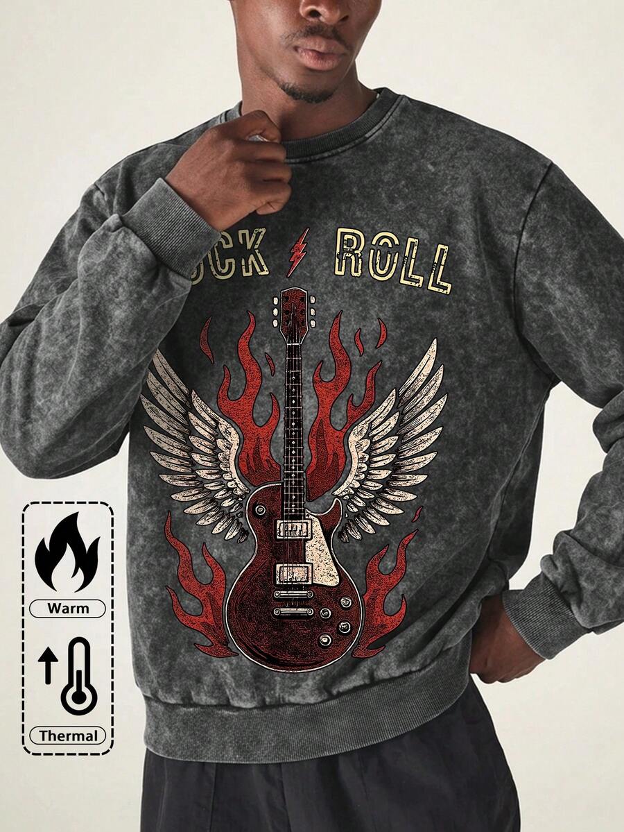 Simple-Men's Vintage Washed Crew Neck Sweatshirt, Rock N Roll Guitar Wings Flame Graphic Print, Heavy Metal Streetwear Oversized Pullover Top - Black - View 1