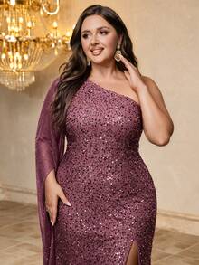 UNITHORSE Plus Size Women's Sequin Slit Shoulder Dress - Dusty Pink - View 4