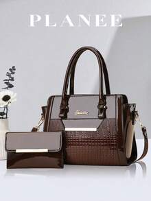 2pcs/Set Fashion Top Handle Shoulder Bag, Elegant Large Capacity Shoulder Bag, Women's Casual Tote Bag, Crossbody Bag And Handbag, Daily Work Bag, Crocodile Pattern Bag Set, Classic Tote Bag And Handbag, Multi-Functional Fashion Work Bag - Coffee Brown - View 1