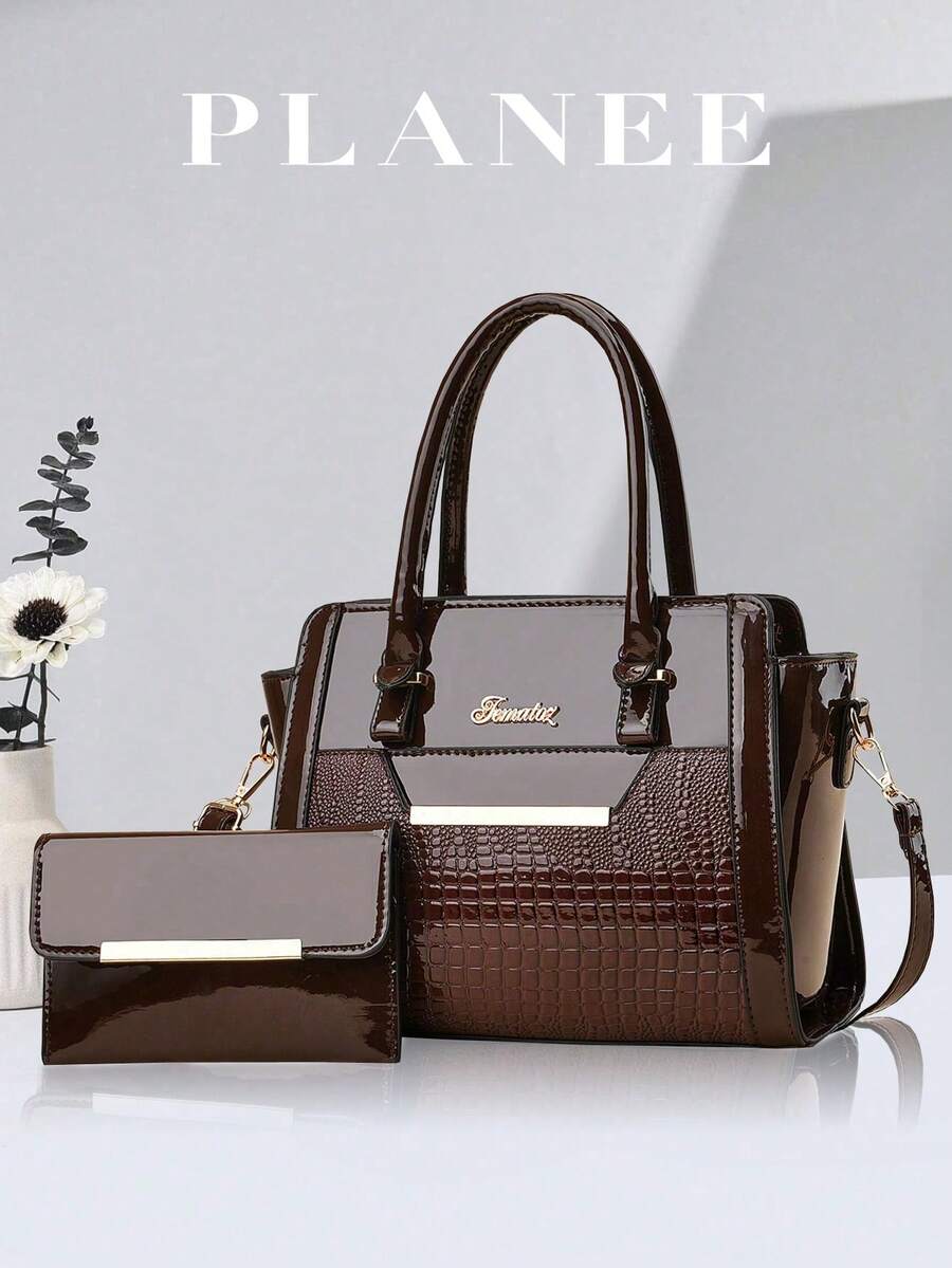 2pcs/Set Fashion Top Handle Shoulder Bag, Elegant Large Capacity Shoulder Bag, Women's Casual Tote Bag, Crossbody Bag And Handbag, Daily Work Bag, Crocodile Pattern Bag Set, Classic Tote Bag And Handbag, Multi-Functional Fashion Work Bag - Coffee Brown - View 1