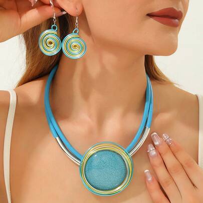 1 Set European & African Bohemian Exaggerated Handmade Heavy-Duty Aluminum Wire Woven Geometric Resin Necklace & Earrings