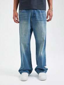 Men's Casual Straight Leg Loose Fit Comfortable Denim Jeans Washed Denim Long Pants All Season - Medium Wash - View 4