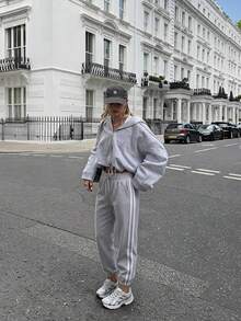 Women's Long Jogger Sweatpants With Drawstring And Side Pockets Colorblock Fabric - Grey - View 3