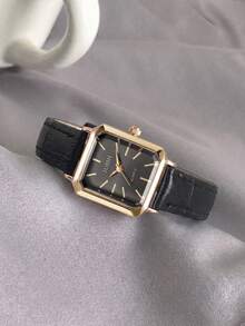 1件/套復古皮革方盤女士極簡石英手錶，經典皮革錶帶優雅腕錶，百搭小眾藝術感精緻裝飾腕錶，適合日常通勤、學生、生日、節日禮物等 - 黑色 - 查看 3