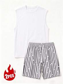 Men's Summer Crew Neck Casual Tank Top And Casual Shorts Loungewear Set - White - View 6