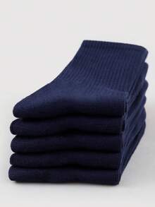 1/5 Pairs Men's Socks, Classic Navy Blue Vertical Striped All-Match Mid-Calf Socks, Unisex Business Commute Versatile Solid Color Socks - Multicolor - View 4