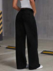 Tween Girls' Loose Fit Casual Comfortable Solid Color Straight Leg Wide Leg Jeans - Black - View 2